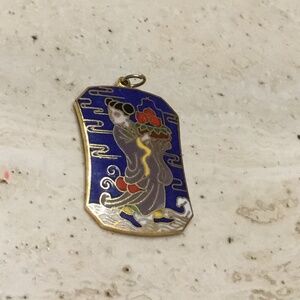 Vintage Chinese Cloisonné Enamel Pendant Jewelry Lady Caring Flowers